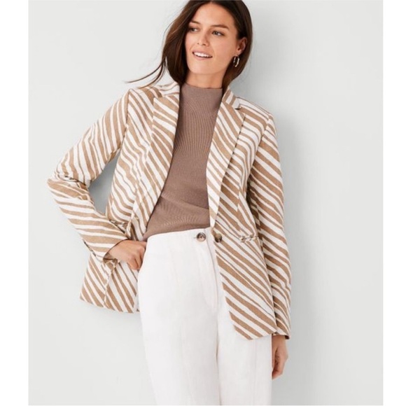 ANN TAYLOR Linen Zebra Striped Blazer in Tan and White Women's Blazer - Picture 2 of 12